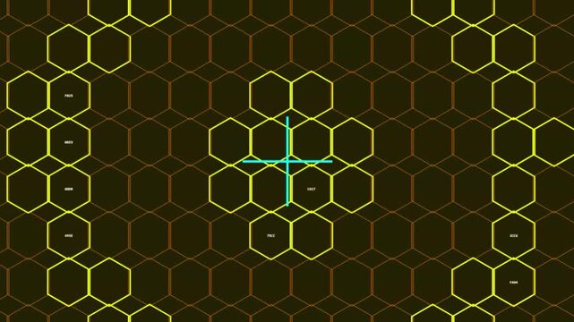 Glowing yellow honeycomb grid pattern with intersecting blue crosshairs for futuristic data analysis and navigation systems