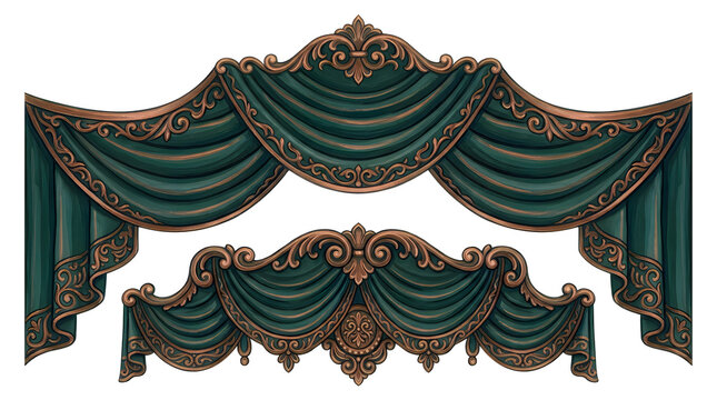 Elegant dark green vintage luxury curtain drapes with gold decorative trim elements