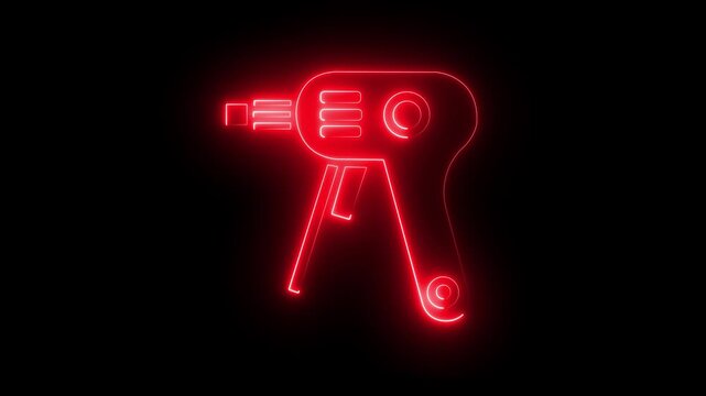 Red neon power drill animation, glowing construction tool symbol for industrial and diy projects