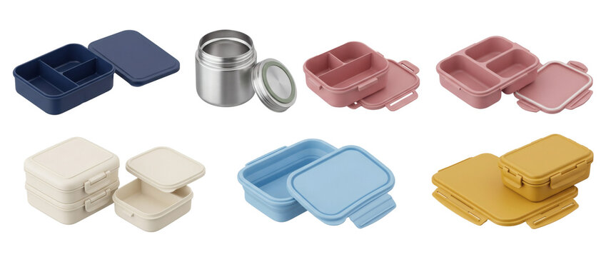 Plastic food storage containers and lunch boxes set isolated on transparent background. Meal prep tupperware cutout.
