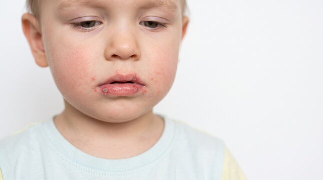 Close Up of Child face with Hand Foot and Mouth Disease HFMD Blisters Around Lips