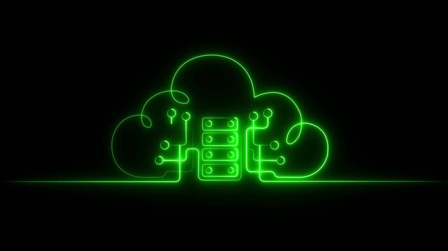 Neon green cloud computing server animation for digital data storage and network technology