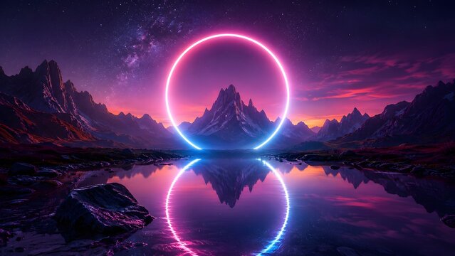 A glowing neon circle frame above a mountain lake with a vibrant purple and orange sunset sky reflecting on the calm water surface in a surreal digital landscape for modern art design