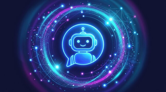 Neon chat bot icon inside a glowing digital circle with abstract space stars and light particles