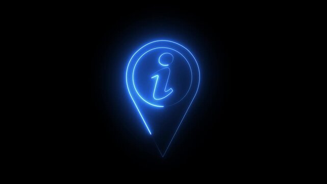 Glowing blue neon information map pin animation on black background