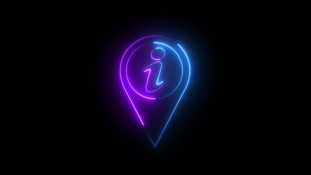 Neon information map pin glowing with blue and purple light on black background