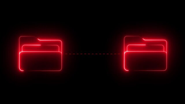 Neon red digital folder data transfer animation on black background