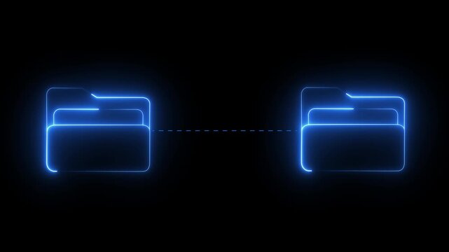Digital file transfer animation with glowing neon folder for data sync and cloud computing concepts