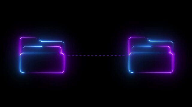 Neon digital file transfer animation: data syncing and cloud storage concept