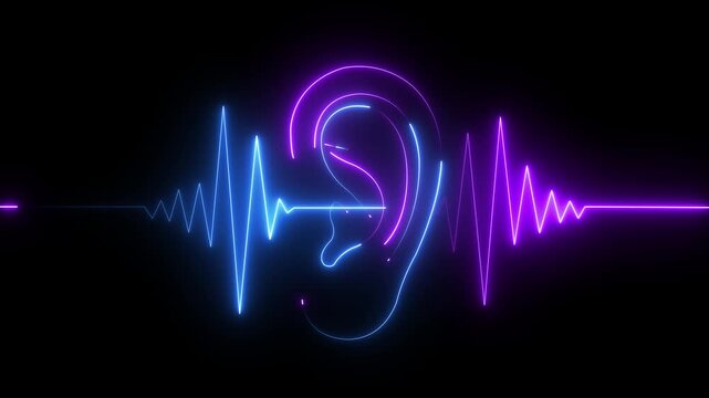 Neon human ear outline with pulsing sound wave frequency animation