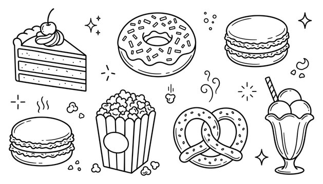 Sweet Dessert and Snack Food Icon Vector Set Featuring Cake Slice Donut Macaron Popcorn Pretzel and Ice Cream Sundae Outline Graphic Designs