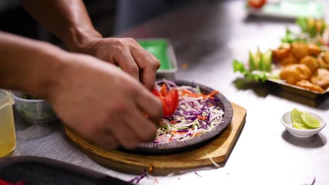 Chef Plating Spicy Indian Tandoori Chicken Tikka on Sizzling Platter