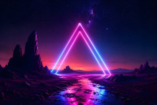 Glowing purple and blue neon triangle shape floating over a dark misty lake with rocky mountains under a starry night sky in a retro synthwave style digital art landscape illustration