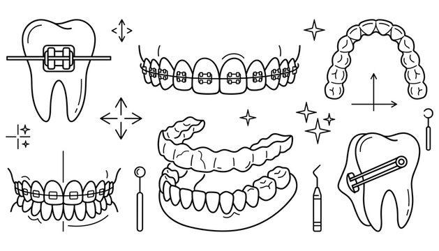 Orthodontic Dental Care and Teeth Straightening Icon Set Featuring Thin Line Art Braces, Clear Invisible Aligners, Molars, and Dentist Examination Tools