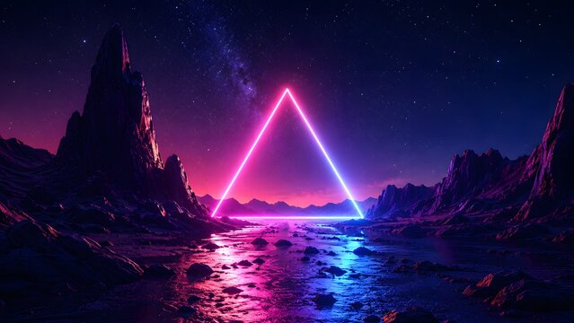 Glowing neon triangle shape floating above calm water with dark rocky mountain landscape at night in a synthwave retro style with vibrant purple and blue colors in a digital art scene
