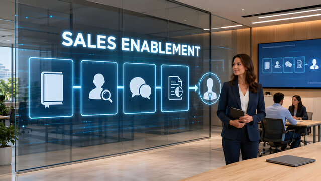 Businesswoman standing in front of a sales enablement glass panel display in a corporate office, presenting sales strategy and buyer persona workflows.