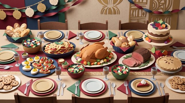 Paper Craft Thanksgiving Feast Table Setting with Roasted Turkey and Pie