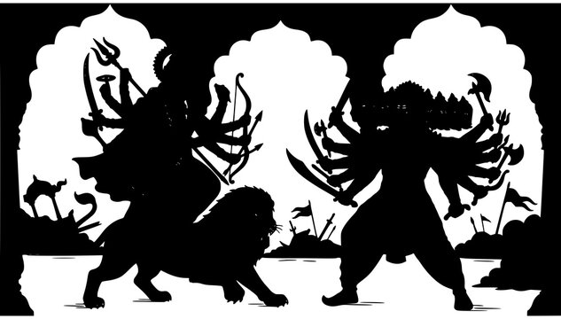 Maa Durga and Ravana Mythological Battle Vector Illustration