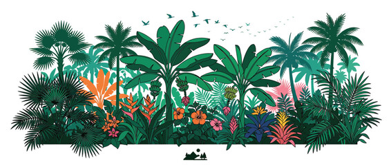 Vibrant Tropical Jungle Landscape with Exotic Plants and Birds © harjo