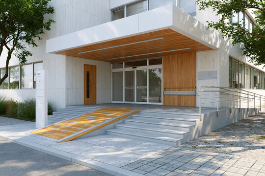 Modern building entrance with glass doors and wooden accents. Wide ramp connects sidewalk to steps for easy access. Trees and greenery frame the structure with natural light