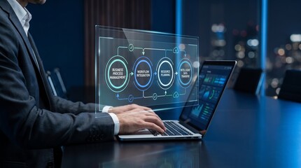 Fototapeta premium Professional businessman uses a high tech laptop to analyze complex digital workflow integration charts during a modern corporate night meeting