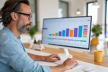 Fototapeta premium Man focused on colorful data charts on a large monitor. He wears glasses and a light blue shirt. His hands rest on keyboard and mouse. Office space is bright, modern, and organized