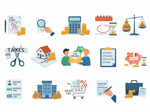 Set of colorful tax and accounting illustrations featuring tax forms, calculations, refunds, property tax, VAT, sales tax, payroll, and financial documents