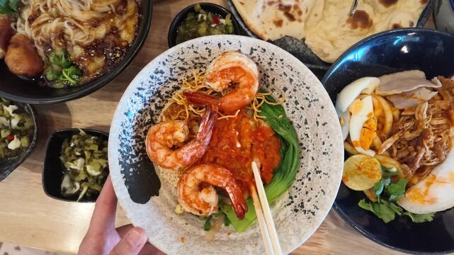 Burmese Shan Noodle Soup with Large Prawns and Asian Spices