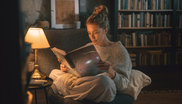 Woman Reading Sci-Fi Book in Cozy Library Setting at Night for Geekend Hobby Lifestyle