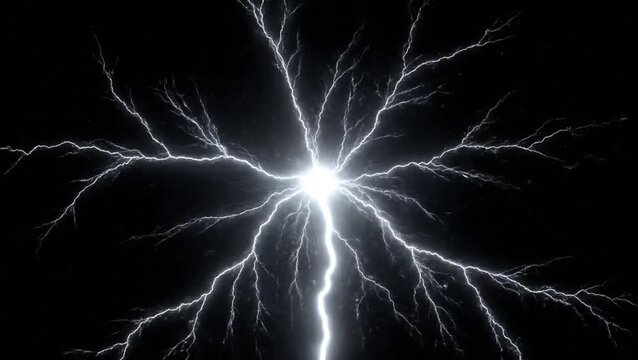Bright white electrical discharge with multiple branching lightning bolts against a dark background.