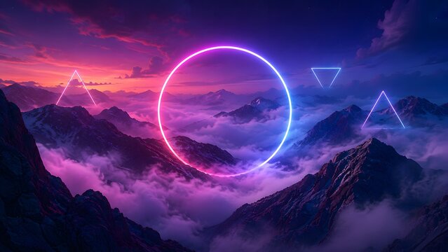 Glowing neon circle and triangle shapes floating above majestic mountain peaks in a misty valley during a beautiful sunset with vibrant purple and blue light effects in the sky