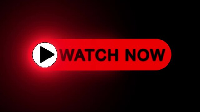 Watch now button animation, A black button with a red play icon. for online movies, streaming on black background
