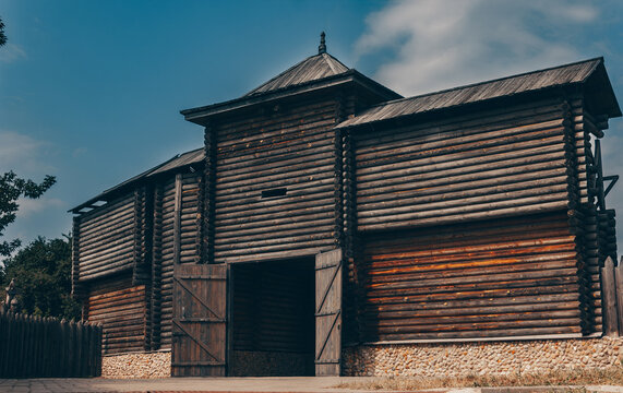 Ancient wooden fortress wall from Grand Duchy of Lithuania historical architecture epoch