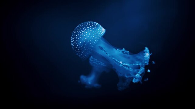 Bioluminescent spotted jellyfish swimming through dark deep ocean water.