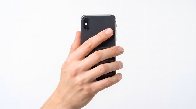 Hand Holding Smartphone on White Background, Mobile Technology and Digital Communication Concept