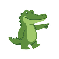 Fototapeta premium A friendly green cartoon reptile points to the side area