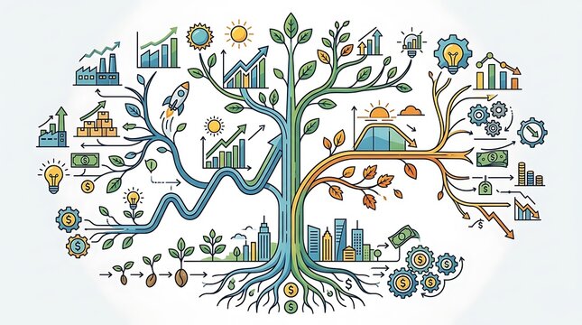 Business growth tree concept with financial and industrial icons
