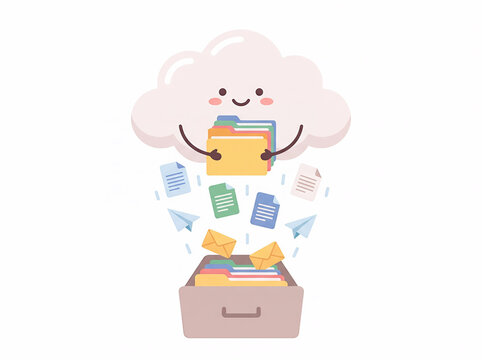 Cute Cloud Character with Folders and Documents Falling into Filing Cabinet - Cloud Storage Concept