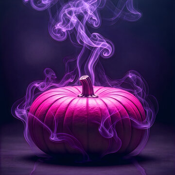 Glowing purple pumpkin with swirling smoke and magical effects on a dark background