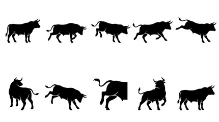 Fototapeta premium Dynamic bull silhouette vector set, powerful black bull icons in various action poses, strong animal graphics for branding and sports design, a collection of charging bull illustrations.