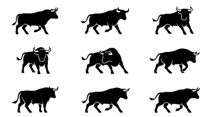Obraz premium Dynamic bull silhouettes, a powerful collection of 9 black vector bull icons, strong animal symbols for finance, sports, or branding, isolated on white.