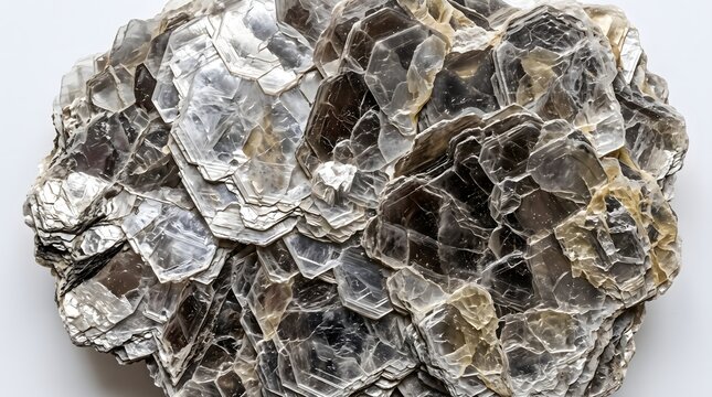 Close up of a mica mineral cluster showing its layered structure and reflective qualities.
