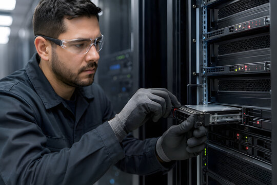 Engineer wearing safety glasses and protective gloves carefully removing hard drive module from server chassis within rack enclosure in professional data center.