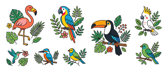 Obraz premium Cute Cartoon Tropical Birds Collection Isolated