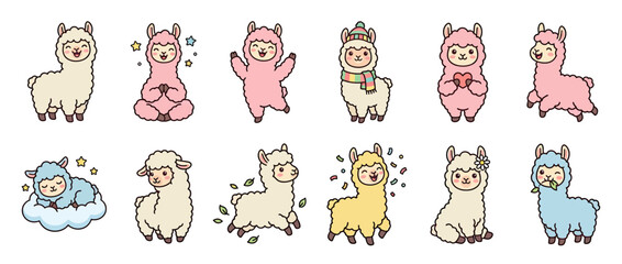 Obraz premium Cute cartoon llamas with different emotions and actions