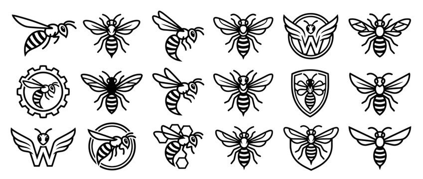Collection of stylized bee icons and logos on transparent background