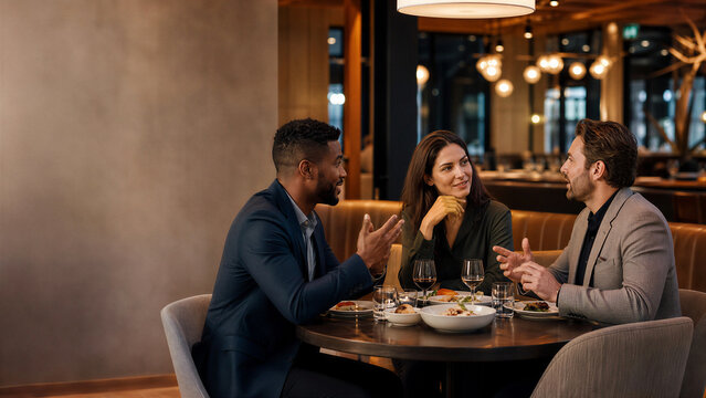 Entrepreneurs networking and discussing ideas over dinner