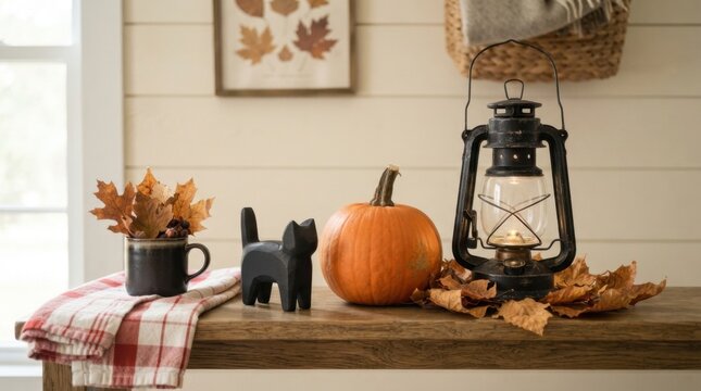 Fall Table Setup with Lantern and Pumpkin