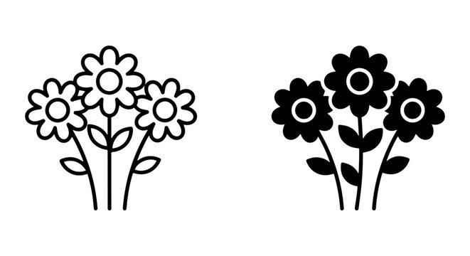 Simple Flower Icons, Outline and Silhouette, Vector Graphics for Spring and Nature Designs