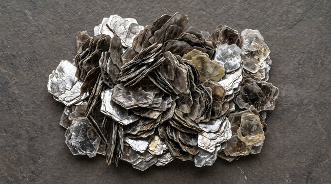 Close-up of a cluster of mica minerals on a dark textured background.